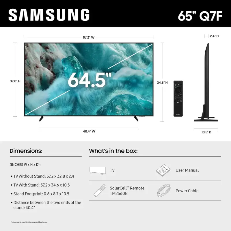 Samsung Smart TV Class QLED Q7F Series Samsung Vision AI de 65 pulgadas (modelo 2025, 65Q7F) Quantum HDR, Sonido de Seguimiento de Objetos Lite, procesador Q4 AI Gen1, escalado 4K, Gaming Hub
